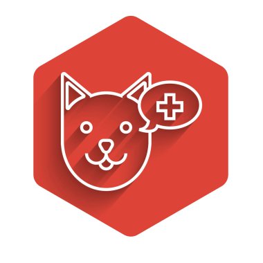 Beyaz çizgi veterinerlik kliniği sembolü uzun gölgeli izole edilmiş. Köpek veterinerliği ile karşılaştır. Evcil hayvan ilk yardım işareti. Kırmızı altıgen düğmesi. Vektör İllüstrasyonu