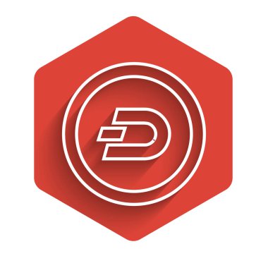 Beyaz çizgi kripto para birimi Dash simgesi uzun gölgeli izole edilmiş. Dijital para birimi. Altcoin sembolü. Engelleme zinciri tabanlı şifreli para birimi. Kırmızı altıgen düğmesi. Vektör İllüstrasyonu