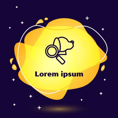 Siyah çizgi Veterinerlik Kliniği sembolü koyu mavi arka planda izole edilmiş. Köpek veteriner bakımlı büyüteç. Evcil hayvan ilk yardım işareti. Sıvı şekilli soyut pankart. Vektör İllüstrasyonu