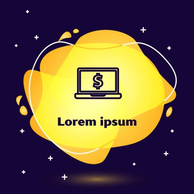 Koyu mavi arkaplanda dolar sembolü olan siyah çizgi dizüstü bilgisayar. İnternetten alışveriş konsepti. İnternetten kazanç, pazarlama. Sıvı şekilli soyut pankart. Vektör İllüstrasyonu