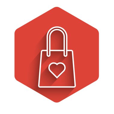 Uzun gölgeli, kalp simgesi olan beyaz bir alışveriş torbası. Alışveriş torbası sevgisi kalp ikonu gibidir. Sevgililer Günü sembolü. Kırmızı altıgen düğmesi. Vektör İllüstrasyonu