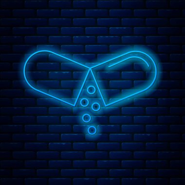 Parlayan neon hattı ilaç hapı ya da tuğla duvar arka planında izole edilmiş tablet ikonu. Kapsül hapı ve uyuşturucu işareti. Eczane tasarımı. Vektör İllüstrasyonu