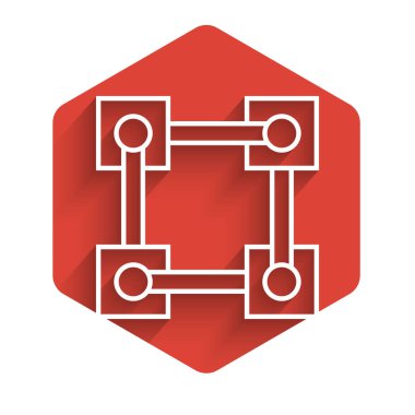 Beyaz çizgi Blockchain teknoloji ikonu uzun gölgeli izole edilmiş. Kripto para birimi verileri. Soyut geometrik blok zincir ağ teknolojisi işi. Kırmızı altıgen düğmesi. Vektör İllüstrasyonu