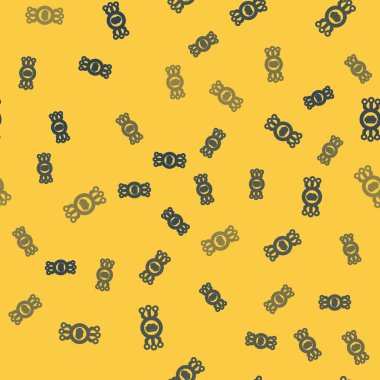 Mavi çizgi kripto para birimi bitcoin ve mikroçip devre ikonu sarı arka planda izole edilmiş pürüzsüz desen. Engelleme teknolojisi, dijital para piyasası. Vektör İllüstrasyonu