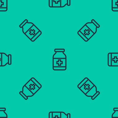 Mavi çizgi ilaç şişesi ikonu yeşil arka planda izole edilmiş pürüzsüz desen. Şişe hapı işareti. Eczane tasarımı. Vektör İllüstrasyonu