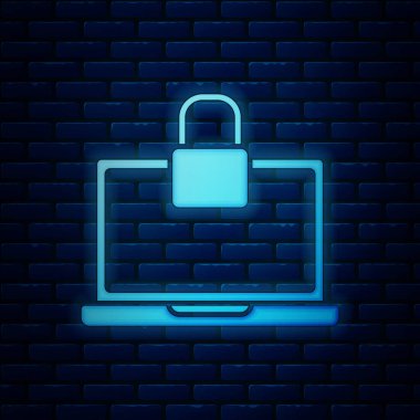Parlayan neon Laptop ve tuğla duvar arka plan izole kilit simgesi. Bilgisayar ve asma kilit. Güvenlik, güvenlik, koruma konsepti. Güvenli internet çalışması. Vektör İllüstrasyonu
