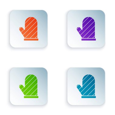 Beyaz arkaplanda izole edilmiş renkli fırın eldiveni simgesi. Mutfak tutacağı işareti. Yemek eldiveni. Renkli kare düğmelere simgeleri yerleştir. Vektör İllüstrasyonu