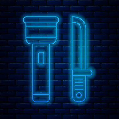 Parlayan neon hattı el feneri ve bıçak ikonu tuğla duvar arkasında izole edilmiş. Vektör İllüstrasyonu