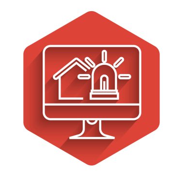 Akıllı ev ve uzun gölgeli alarm simgesine sahip beyaz çizgi bilgisayar monitörü. Akıllı evin güvenlik sistemi. Kırmızı altıgen düğmesi. Vektör İllüstrasyonu