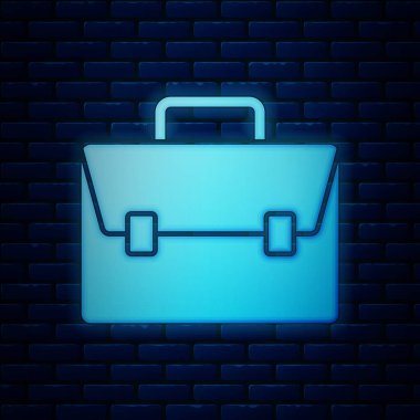 Parlayan neon çanta simgesi tuğla duvar arkasında izole edildi. İş ilanı. İş portföyü. Vektör İllüstrasyonu