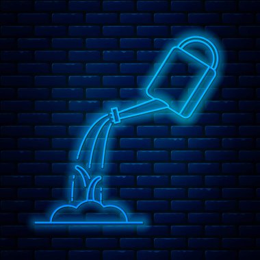 Duvarda izole edilmiş su ikonu ile parlayan neon hattı. Filizi suluyorum. Sulama sembolü. Vektör İllüstrasyonu