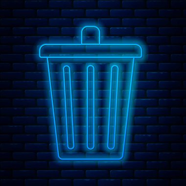 Parlayan neon hattı çöp kutusu simgesi tuğla duvar arka planında izole edildi. Çöp kutusu tabelası. Sepet simgesini geri dönüştür. Ofis çöpü ikonu. Vektör İllüstrasyonu