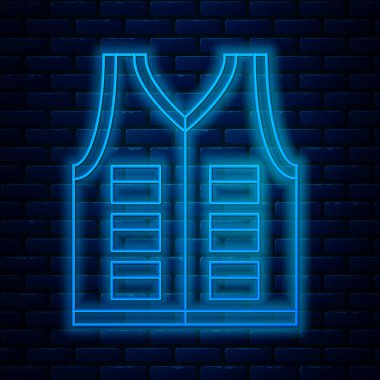 Parlak neon çizgili balıkçı ceketi simgesi tuğla duvar arkasında izole edilmiş. Balıkçı yeleği. Vektör İllüstrasyonu