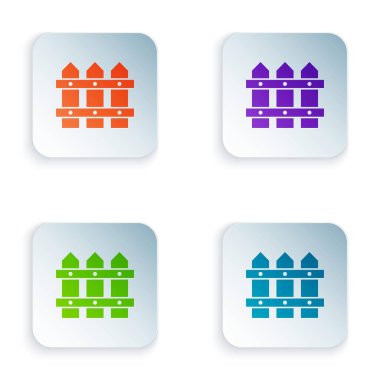 Renkli bahçe çiti ahşap ikonu beyaz arka planda izole edilmiş. Renkli kare düğmelere simgeleri yerleştir. Vektör İllüstrasyonu