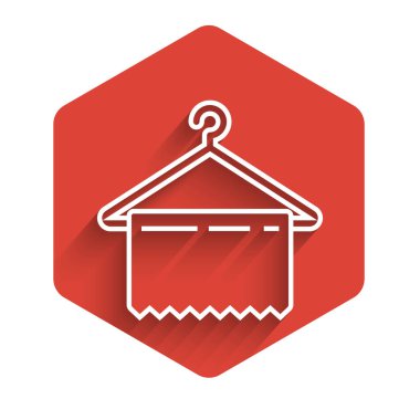 Uzun gölgeli beyaz çizgili elbise askısı ikonu. Temiz havlu işareti. Vestiyer ikonu. Kıyafet servis sembolü. Çamaşır askı tabelası. Kırmızı altıgen düğmesi. Vektör İllüstrasyonu