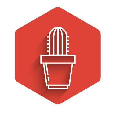 Beyaz çizgi Kaktüs ve uzun gölgeli tencere simgesinde sulu. Tencerede yetişen bir bitki. Saksı bitkisi işareti. Kırmızı altıgen düğmesi. Vektör İllüstrasyonu