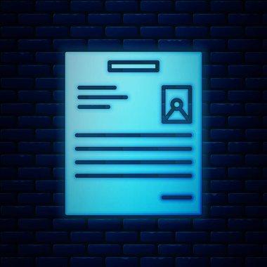 Parlayan neon kişisel belge simgesi tuğla duvar arka planında izole edildi. Dosya simgesi. Kontrol listesi simgesi. İş konsepti. Vektör İllüstrasyonu