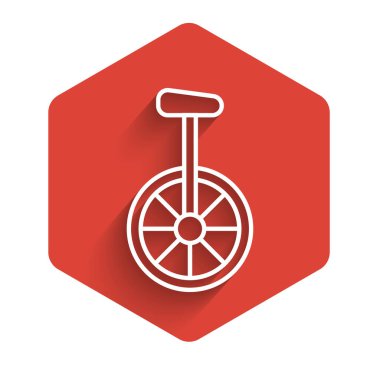 Beyaz çizgili tek tekerlekli bisiklet ya da uzun gölgeli bir bisiklet ikonu. Tekerlekli bisiklet. Kırmızı altıgen düğmesi. Vektör İllüstrasyonu
