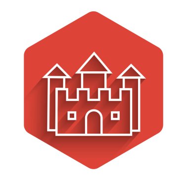 Beyaz çizgi Castle ikonu uzun gölgeli izole edilmiş. Kırmızı altıgen düğmesi. Vektör İllüstrasyonu
