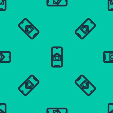 Mavi hat cep telefonu ve korunan ev ikonu yeşil arka planda izole edilmiş pürüzsüz desen. Koruma, güvenlik, güvenlik, koruma, savunma konsepti. Vektör İllüstrasyonu