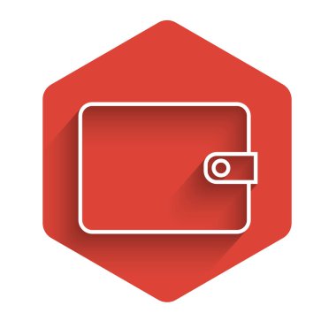 Beyaz çizgili Cüzdan simgesi uzun gölgeli. Çanta ikonu. Nakit tasarruf sembolü. Kırmızı altıgen düğmesi. Vektör İllüstrasyonu