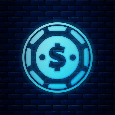 Parlayan neon kumarhane çipi. Tuğla duvar arkasında izole edilmiş dolar sembolü simgesi. Kumarhane kumarı. Vektör İllüstrasyonu