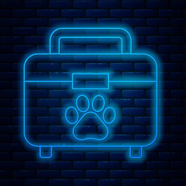 Parlayan neon hattı Pet ilk yardım seti simgesi tuğla duvar arka planında izole edildi. Köpek ya da kedi pençesi izi. Klinik kutusu. Vektör İllüstrasyonu