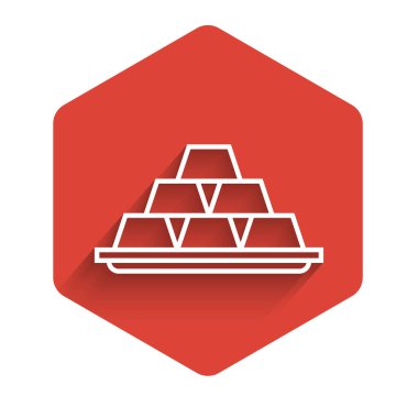 Beyaz çizgi altın külçeleri uzun gölgeli izole edilmiş. Bankacılık işi konsepti. Kırmızı altıgen düğmesi. Vektör İllüstrasyonu