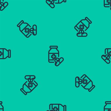 Mavi çizgi ilaç şişesi ve ilaç ikonu yeşil arka planda izole edilmiş kusursuz desen. Şişe hapı işareti. Eczane tasarımı. Vektör İllüstrasyonu