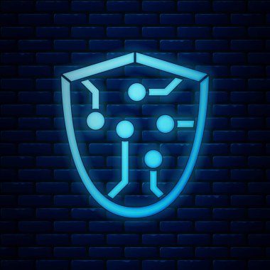 Parlayan neon Siber güvenlik simgesi tuğla duvar arka planda izole. Kalkan işareti. Güvenlik konsepti. Dijital veri koruması. Vektör İllüstrasyonu
