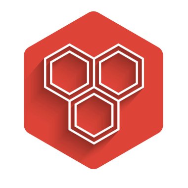 Beyaz çizgi bal peteği simgesi uzun gölgeli izole edilmiş. Bal hücrelerinin sembolü. Tatlı doğal yemek. Kırmızı altıgen düğmesi. Vektör İllüstrasyonu