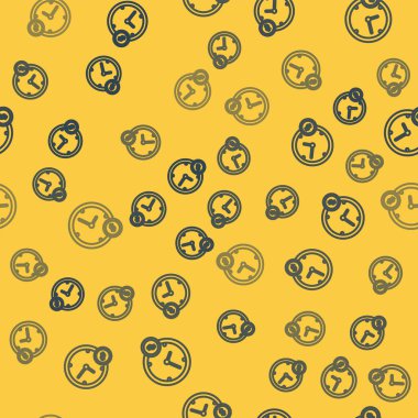 Mavi Çizgi Saati, sarı arka planda izole edilmiş para simgesidir. Para zamandır. Etkili zaman yönetimi. Zamanı paraya çevir. Vektör İllüstrasyonu