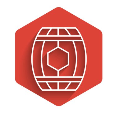 Beyaz çizgi ahşap fıçı, uzun gölgeli bal ikonlu. Kırmızı altıgen düğmesi. Vektör İllüstrasyonu