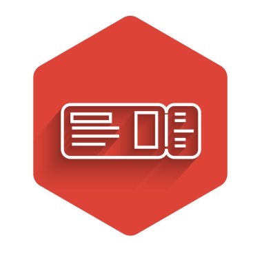 Beyaz çizgi seyahat bileti ikonu uzun gölgeli izole edilmiş. Tren, gemi, uçak, tramvay, otobüs. Seyahat servisi konsepti. Kırmızı altıgen düğmesi. Vektör İllüstrasyonu