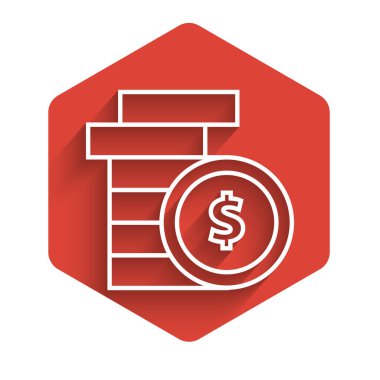 Dolar sembollü beyaz çizgi parası uzun gölgeli izole edilmiş. Bankacılık işareti. Para sembolü. Kırmızı altıgen düğmesi. Vektör İllüstrasyonu