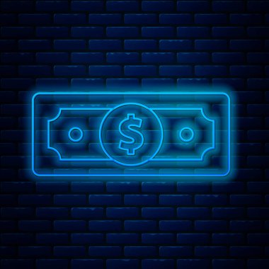 Parlak neon hattı kağıt yığınları para ikonu tuğla duvar arka planında izole. Para desteleri. Para birimi. Vektör İllüstrasyonu