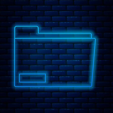 Parlayan neon hattı belge klasörü simgesi tuğla duvar arka planında izole edildi. Muhasebe klasörü sembolü. Muhasebe yönetimi. Vektör İllüstrasyonu
