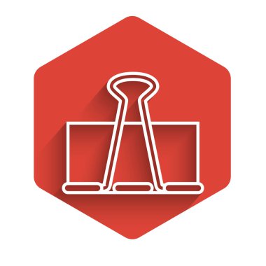 Uzun gölgeli beyaz çizgi binder klipsi simgesi izole edildi. Ataç. Kırmızı altıgen düğmesi. Vektör İllüstrasyonu