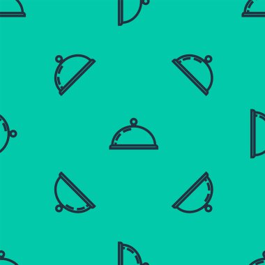 Mavi çizgi, yeşil arka planda izole edilmiş yemek ikonu tepsisiyle kaplı. Tepsi ve kapak işareti. Kapaklı bir restoran saati. Mutfak eşyaları sembolü. Vektör İllüstrasyonu