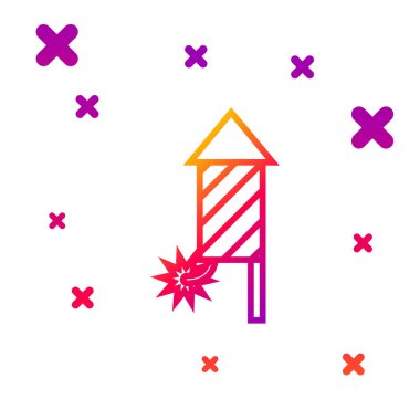 Beyaz arkaplanda renk çizgisi Firework roket simgesi izole edildi. Eğlence partisi anlayışı. Patlayıcı havai fişek sembolü. Kademeli rastgele dinamik şekiller. Vektör İllüstrasyonu