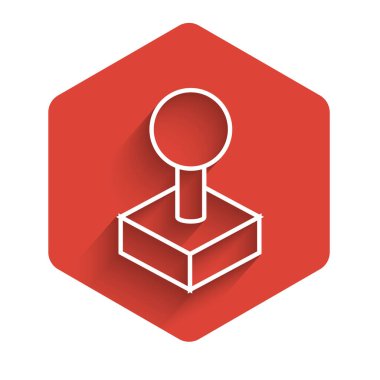 Oyun makinesi simgesi için beyaz çizgi Joystick uzun gölgeli izole edilmiş. Joystick oyun alanı. Kırmızı altıgen düğmesi. Vektör İllüstrasyonu