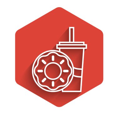 Uzun gölgeli, saman ve çörek ikonu içen beyaz çizgi kağıt bardak. Soda su içme tabelası. Fast food menüsü. Kırmızı altıgen düğmesi. Vektör İllüstrasyonu