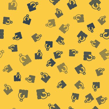 Mavi çizgi Para çantası ve madeni para ikonu sarı arka planda izole edilmiş pürüzsüz desen. Dolar ya da Usd sembolü. Nakit bankacılık tabelası. Vektör İllüstrasyonu