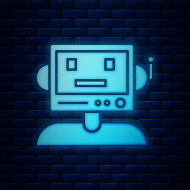 Parlayan neon robot simgesi tuğla duvar arka planında izole edildi. Vektör İllüstrasyonu