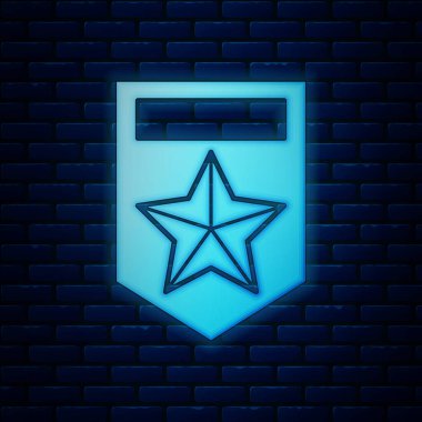 Parlayan neon sembolü tuğla duvar arka planında izole edildi. Askeri rozet işareti. Vektör İllüstrasyonu