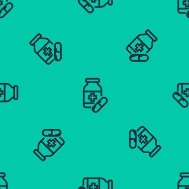 Mavi çizgi ilaç şişesi ve ilaç ikonu yeşil arka planda izole edilmiş kusursuz desen. Şişe hapı işareti. Eczane tasarımı. Vektör İllüstrasyonu