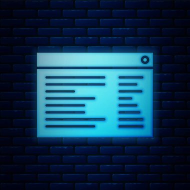 Parlayan neon yazılım, ağ geliştirici programlama kodu simgesi tuğla duvar arka planında izole edildi. Program kodunun rastgele bilgisayar betiği parçalarını Javascript et. Vektör İllüstrasyonu