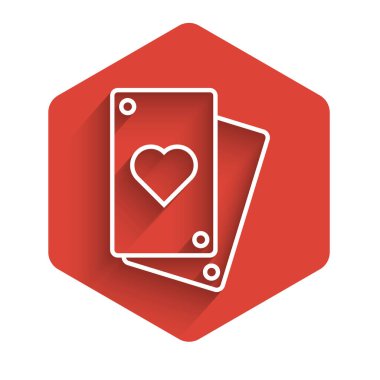 Beyaz çizgi, uzun gölgeli kart simgesi oynuyor. Kırmızı altıgen düğmesi. Vektör İllüstrasyonu