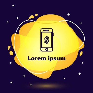 Koyu mavi arkaplanda dolar sembolü olan siyah çizgi akıllı telefon. İnternetten alışveriş konsepti. Finansal cep telefonu simgesi. Çevrimiçi ödeme. Sıvı şekilli soyut pankart. Vektör İllüstrasyonu