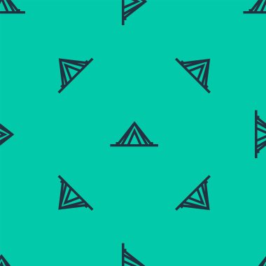 Mavi çizgi turist çadırı simgesi yeşil arka planda izole edilmiş pürüzsüz desen. Kamp sembolü. Vektör İllüstrasyonu